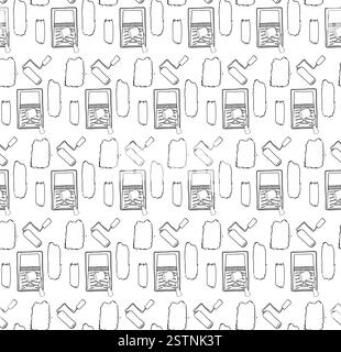 Seamless pattern paint roller, stroke, tray. Vector graphic line instruments hand drawn doodle set, illustration, elements, stickers, icons. Isolated Stock Vector
