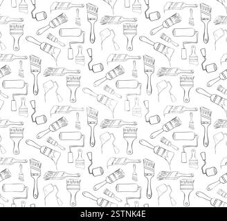 Paint roller brushes seamless pattern. Vector graphic line background for headers, banners and advertising Stock Vector