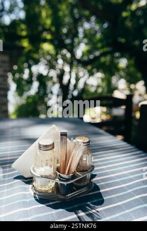 Close up white table setting in restaurant Stock Photo