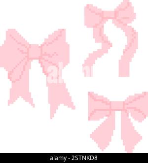 Pixel Art Pink Ribbon Bows in 8-bit style. Isolated Coquette Girly Vintage Accessory Retro Aesthetics. Vector illustration. Y2k trendy pixelated stick Stock Vector