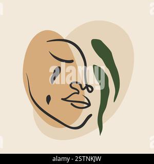 Vintage stylish illustration in boho style with simple face. Crying female face, self-care concept Stock Vector
