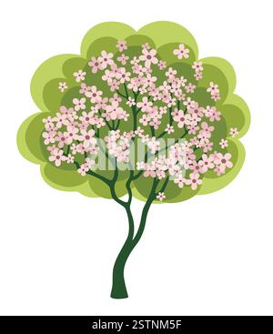 Blooming tree. Spring tree with pink flowers. Isolated vector illustration on white background. Stock Vector