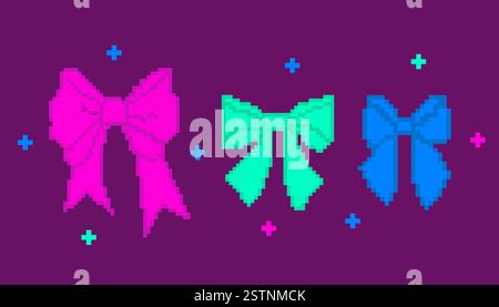 Pixel Art Ribbon Bows in retro 8-bit style. Isolated colorful ribbon bows in neon pink, green, and blue on dark purple background, inspired by retro v Stock Vector