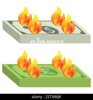Burning money, representation of spending too much on things that are not necessary, dollars and pounds versions Stock Vector