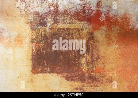 The surface of rusty iron sheet with frame. Rough texture with spots of different colors Stock Photo