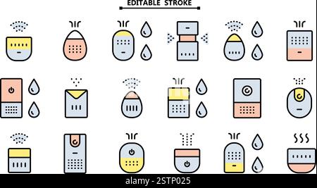 Air purifier and humidifier machine icon sets. Editable stroke. Home device for air purification filtering. Electronic devices. Home climate. Moisture Stock Vector