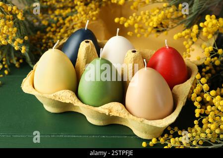 Colorful egg-shaped candles in carton and mimosa flowers on green wooden table, closeup. Easter decor Stock Photo