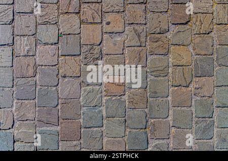 Cobblestone road texture, abstract background of cobblestone pavement close-up, old street stone paved texture Stock Photo