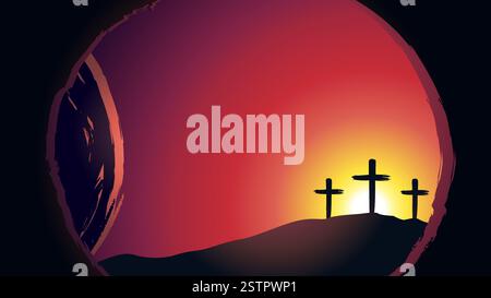 Morning tomb and Calvary with background of three crosses on Easter. Web banner for Easter Sunday service with Golgotha and open cave. Vector card Stock Vector