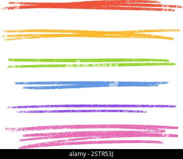 Colorful line brush strokes vector set - rainbow colors parallel marks with grunge texture. Stock Vector