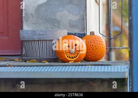 Two Carved Pumpkins Stock Photo