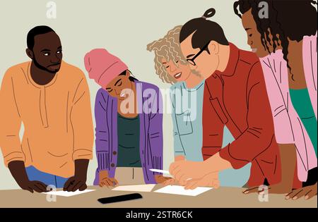 Diverse group of people are standing around table Stock Vector