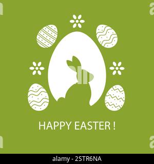Happy Easter. Silhouettes of rabbit with decorated eggs and spring flowers. Easter greeting card on green background. Vector illustration. Stock Vector