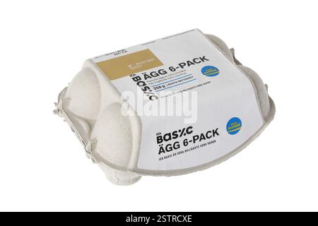 Stockholm, Sweden - February 19, 2025: One closed 6-pack Ica Basic egg carton isolated on white background. Stock Photo
