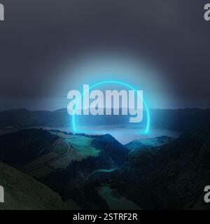 Composite image. Neon blue half-circle portal glowing over calm lake surrounded by mountains under dark sky. Stock Photo