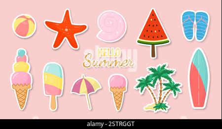 A collection of summer stickers with various seasonal elements. A colorful set of summer stickers on a transparent background. Stock Vector