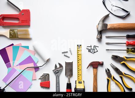 Home improvement and carpentry tools display on white background with space for copy Stock Photo