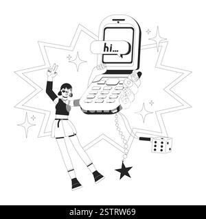 Retro flip phone and 2000s aesthetic black and white 2D illustration concept Stock Vector