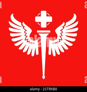 Symbol of medicine with wings on a red background. Science model. Stock Vector