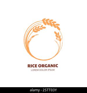 Rice logo sign concept. Grain plants, wheat, rye cereal hand drawn crayon pencil, chalk icon. Vector sketch frame design for organic flour package, br Stock Vector