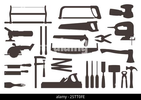 Woodworking tool black silhouette set. Stickers collection. Professional equipment for carpenter working. Axe and hammer. Logo, emblem or badge Stock Vector