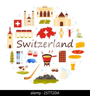 Travel to Switzerland in round banner design. Castle towers and train on bridge, chocolate and Swiss penknife, culture emblems and architecture, Alps mountains in circle cartoon vector illustration Stock Vector