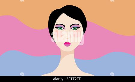 Woman face, abstract pop art. Vibrant digital illustration of a woman face with bold flat shapes and striking 60s 70s colors. Stock Vector