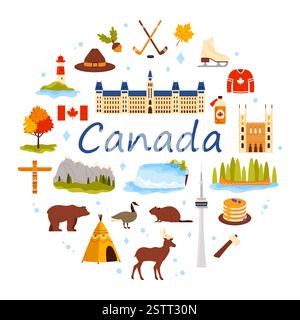 Travel to Canada round banner design. Canada text and culture stickers, elements of landscape and city buildings, animals and Canadian destination, Indian symbols in circle cartoon vector illustration Stock Vector