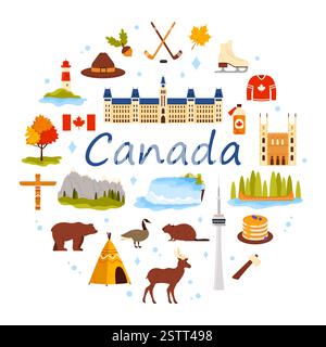 Travel to Canada round banner design. Canada text and culture stickers, elements of landscape and city buildings, animals and Canadian destination, Indian symbols in circle cartoon vector illustration Stock Vector