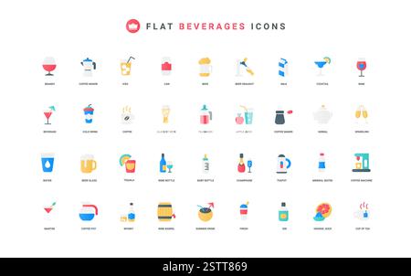 Hot and cold drink menu of bar and restaurant, alcohol and cocktail for summer refreshment color icon set. Beverages in glass cup and bottle, soda water and beer flat elements vector illustration Stock Vector