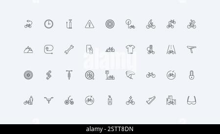 Handlebar and chain, brake and pump thin black outline symbols vector illustration. Bicycle and bike parts, tools of repair and maintenance service, cycling and gears of cyclist line icon set Stock Vector