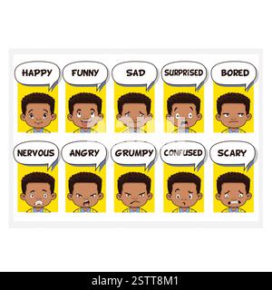Cartoon illustration for kids featuring various facial expressions of people. Stock Vector