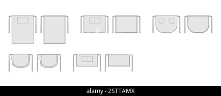 Set of Aprons technical fashion illustration. Chef uniform for cooking cartoon Flat sketch outline apparel template front, back view. Women, men unisex CAD mockup isolated on white background Stock Vector