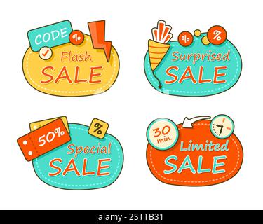 Set of Sale Badge Stickers for Discount and Special Promotion with Cute Hand Drawn Elements for Marketing Concept Clip Art Stock Vector
