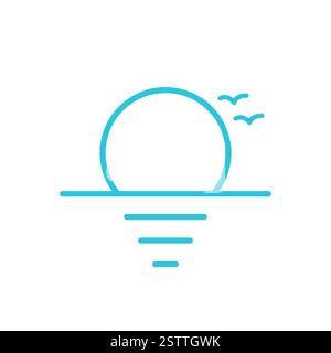Sun and Sea Icon, Sunset Reflection Isolated on White, Blue icon set. Stock Vector