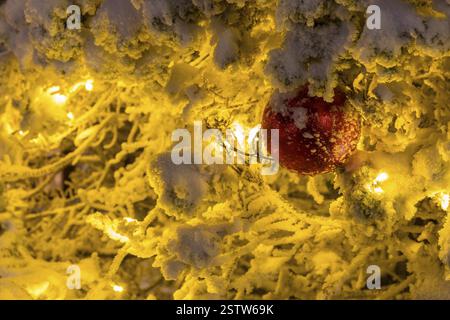 Red ball between snow-covered branches illuminated with fairy lights, still life Stock Photo