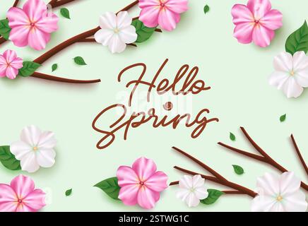 Spring hello text vector background design. Hello spring greeting card with beautiful and lovely flower elements for holiday season celebration. Stock Vector