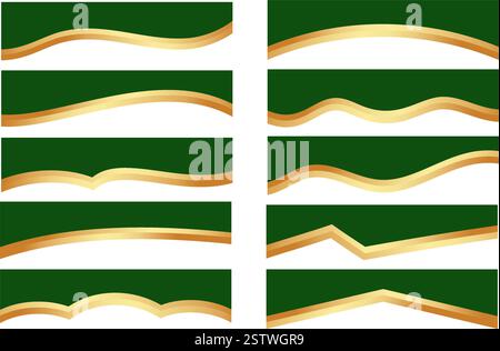 Border shapes for banner design. Green header sections with golden lines. Abstract vector bottom background for web page. Curved divider templates Stock Vector