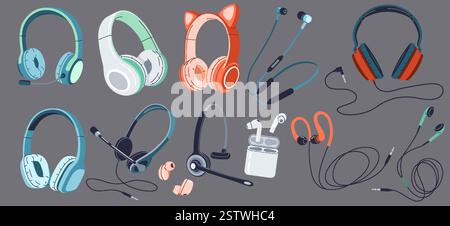 Headphones of different types flat color vector icon set. Colorful earphones assortment for listening audio objects pack on grey background Stock Vector