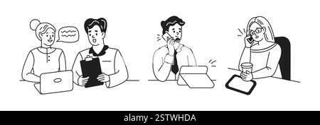 Office employees in workplaces linear icons collection. Using laptop tablet and smartphone in business environment doodle characters set on white Stock Vector