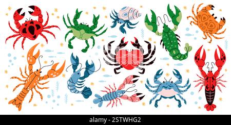 Lobsters and crabs swimming underwater flat color vector icon set. Vibrant seafood scene with marine animals pack on white background Stock Vector