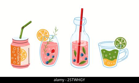 Flat vector illustration of a variety of kombucha drinks in different glasses, cans, and bottles, featuring fresh fruit and natural ingredients. Stock Vector