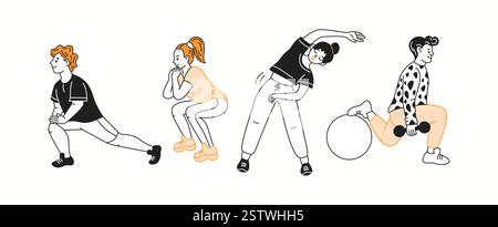 Group of people performing exercises color linear icons collection. Women and men enjoy fitness in gym doodle characters on white background Stock Vector