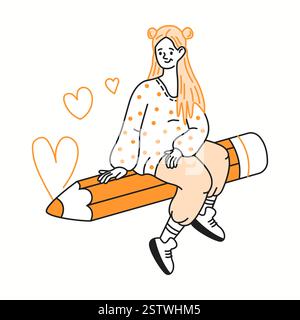 Cheerful woman with long red hair sits on big pencil color linear icon. Bright pencil draws heart shapes characters doodle illustration Stock Vector