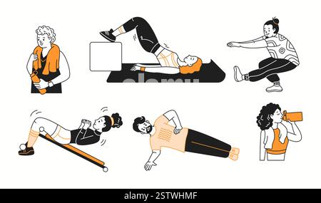 Sportspeople perform different exercises color linear icons collection. Women and men promote active lifestyle doodle characters on white Stock Vector