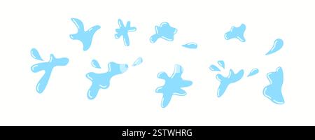 Set of blue water splashes in various shapes and sizes isolated on a white background. Perfect for design projects, animation, and graphic elements re Stock Vector