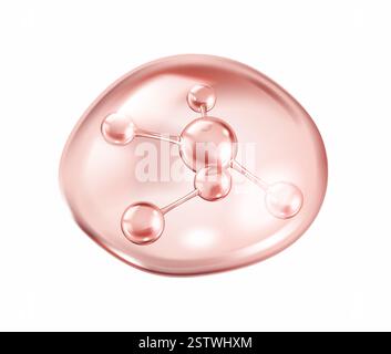 Floating pink collagen molecule structure within drop realistic vector illustration. Innovation of cosmetic products 3d object on white Stock Vector