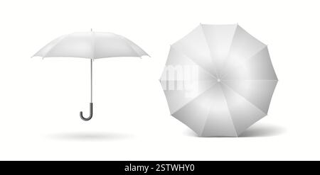 Minimalist cane umbrellas mockup side and top view realistic color icons set. Elegant design and functionality 3d objects bundle on white Stock Vector