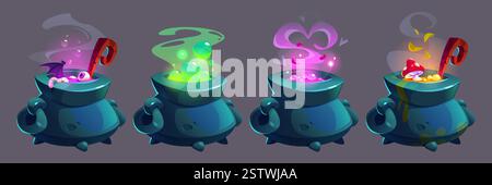 Game witch cauldron icons - black pot brewing magical potions. Liquid with eye and bat wing, green bubbling mixture, pink with heart smoke, red mushroom in yellow poison. Fantasy RPG spell elements. Stock Vector