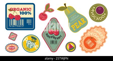 Retro fruit sticker collection - vintage tags in form of cherry and apple, pear and raspberry, watermelon, orange and avocado designs with barcodes and geometric shapes. Organic juicy produce labels Stock Vector